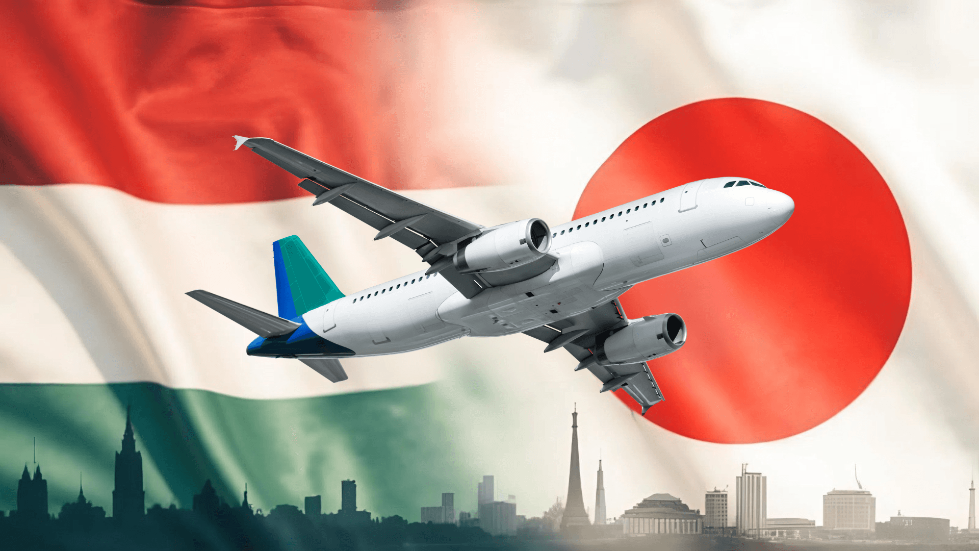 An airplane flying from Hungary toward Japan as the Hungarian flag transitions into the Japanese flag, symbolizing a business journey from Budapest to Fukuoka and Tokyo.