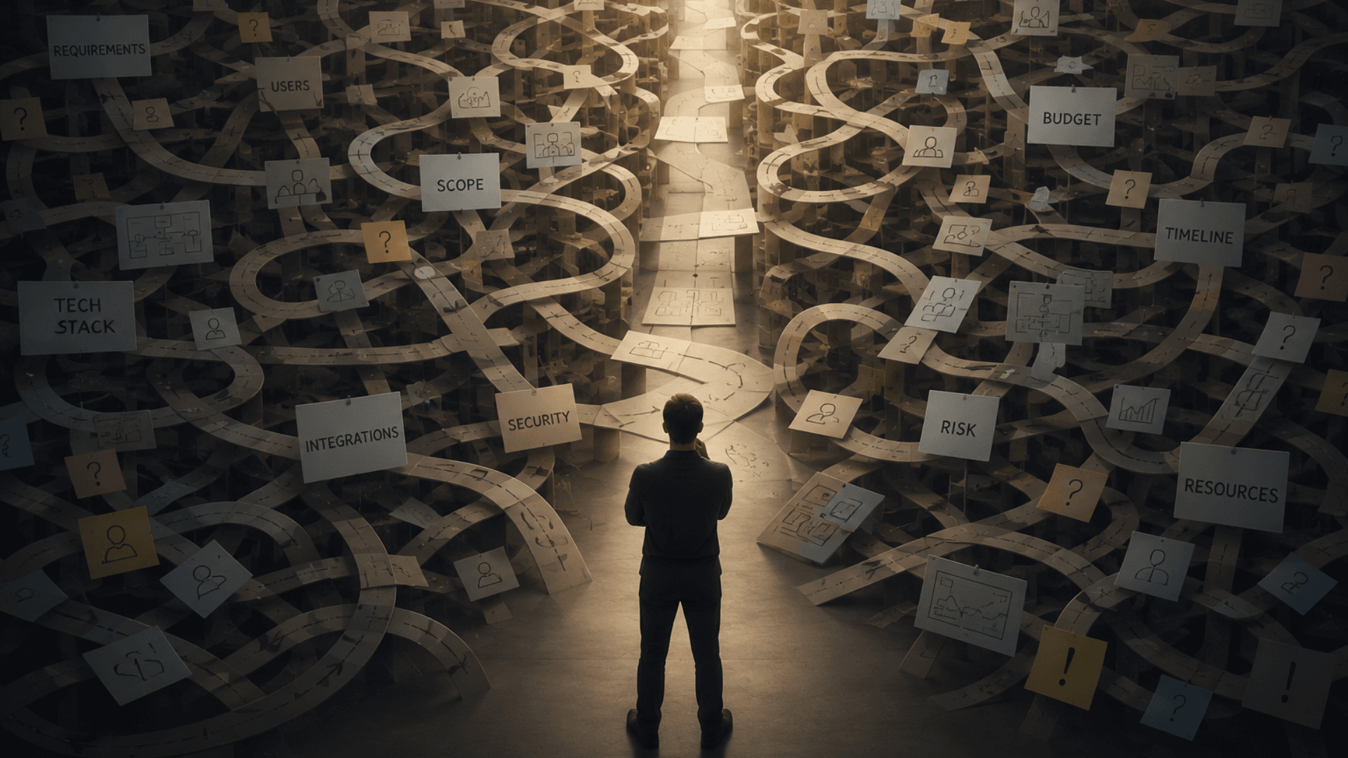 A businessman in a suit stands inside a complex maze filled with IT-related terms such as “Security,” “Integration,” “Risk,” and “Scalability.” Surrounded by confusing paths and technical challenges, he searches for a way out, symbolizing the difficulty of navigating software development decisions.